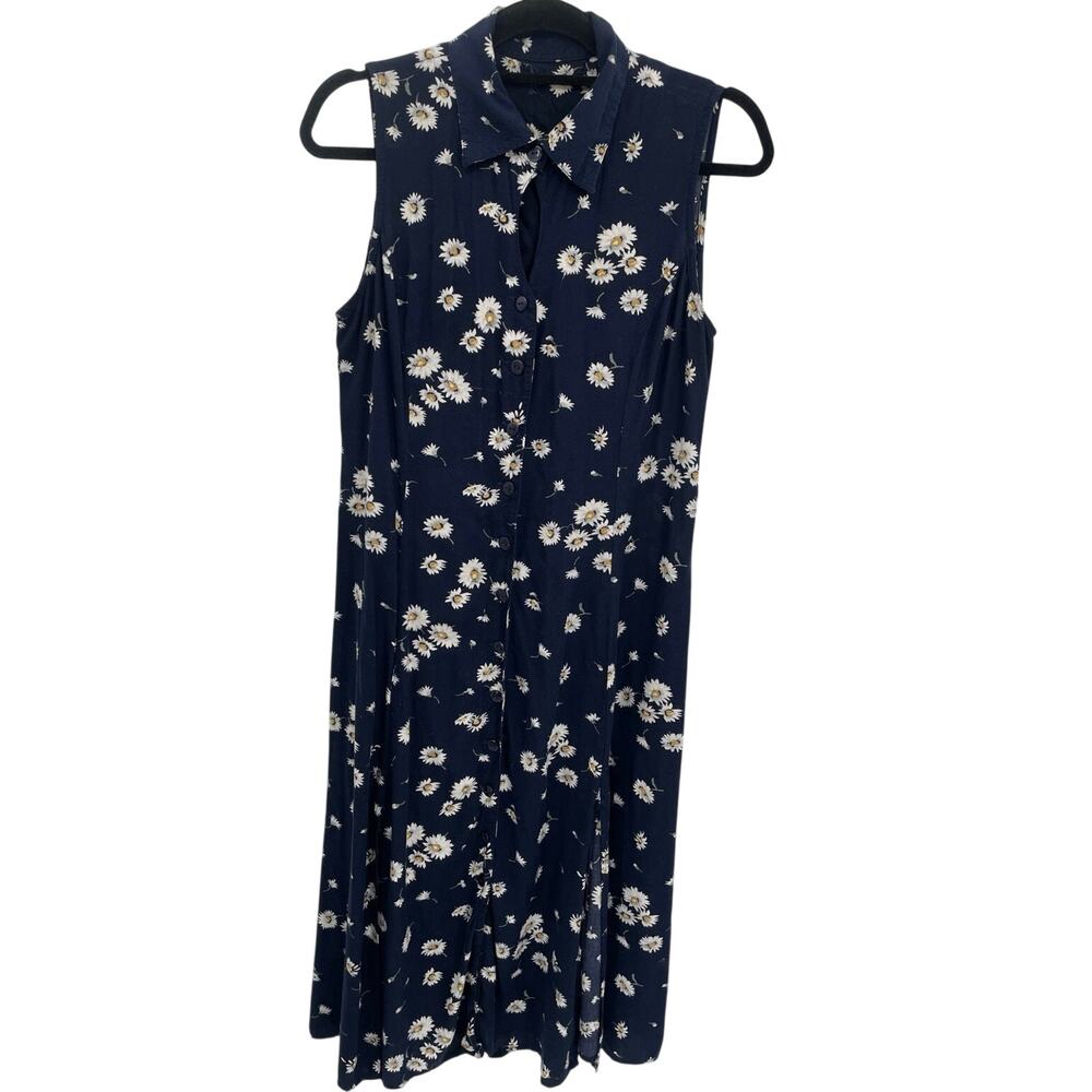 Christopher & Banks Womens Vtg Navy Midi Dress Daisy Button Front Sleeveless S - Picture 14 of 16